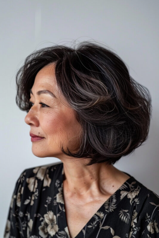 Picture of an older woman with a classic bob haircut with soft layers.