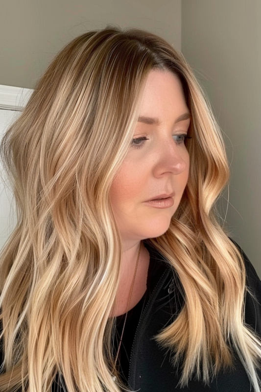 Woman with natural blonde highlights on wavy hair.