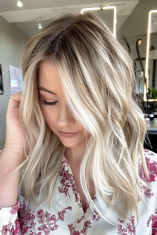 Woman with platinum balayage, seamlessly transitioning from dark roots to platinum ends.