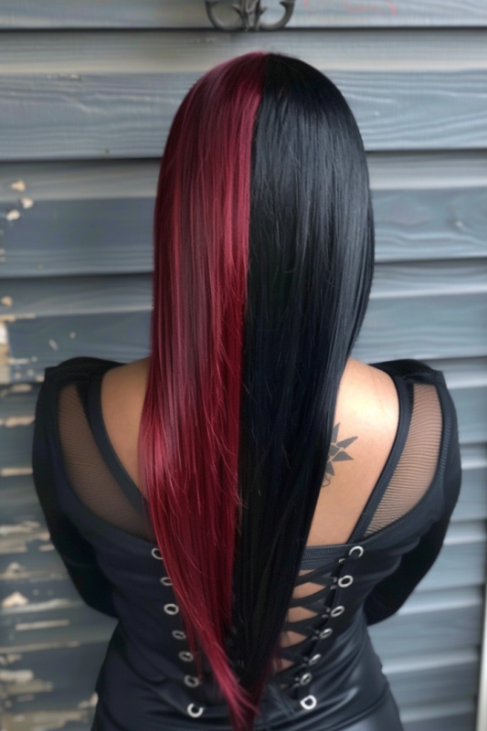 Hair split into jet black and deep wine red halves.