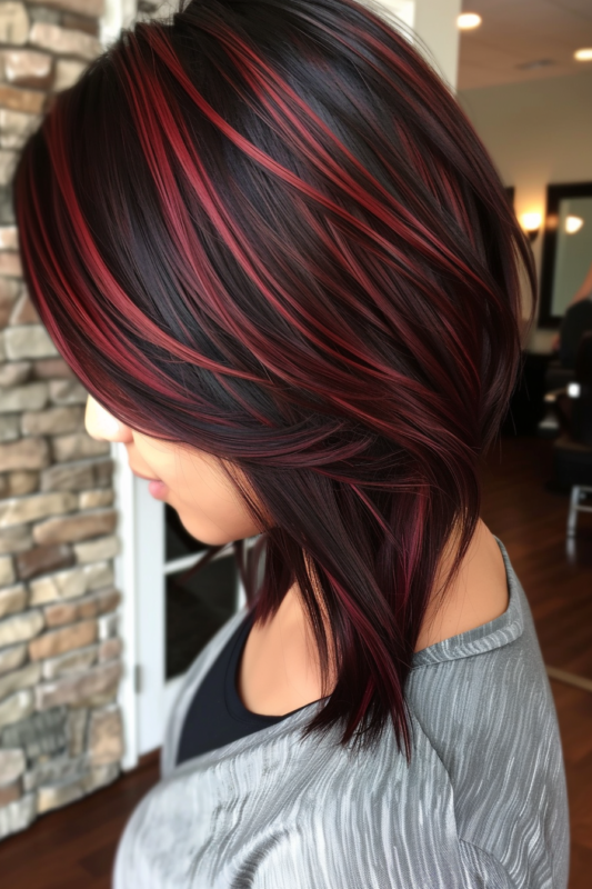 Sleek black hair with fine cherry red highlights for added vibrancy.