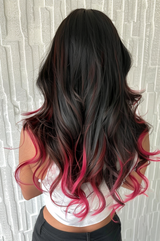 Black hair with bright scarlet red tips.