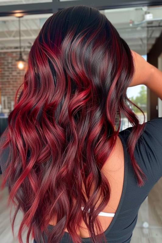 Wavy black hair with vibrant crimson red balayage.
