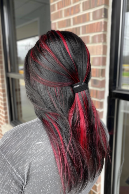 Black hair with hidden crimson red peek-a-boo highlights.