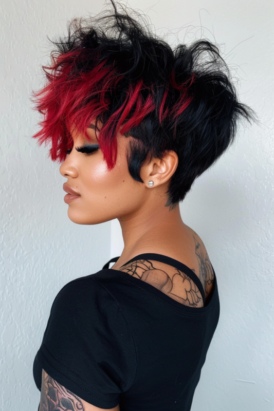 Woman with a black pixie cut and cherry red tips.