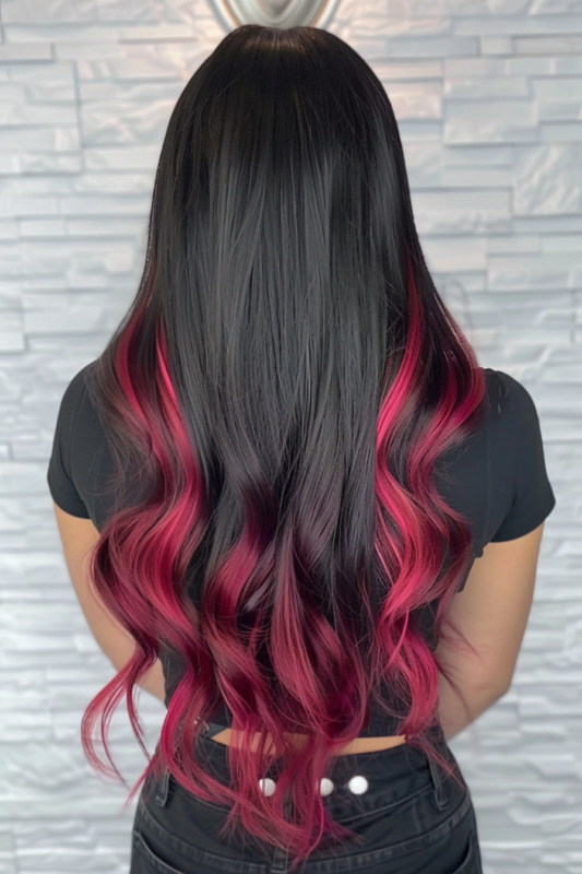 Long black hair with deep crimson red tips.