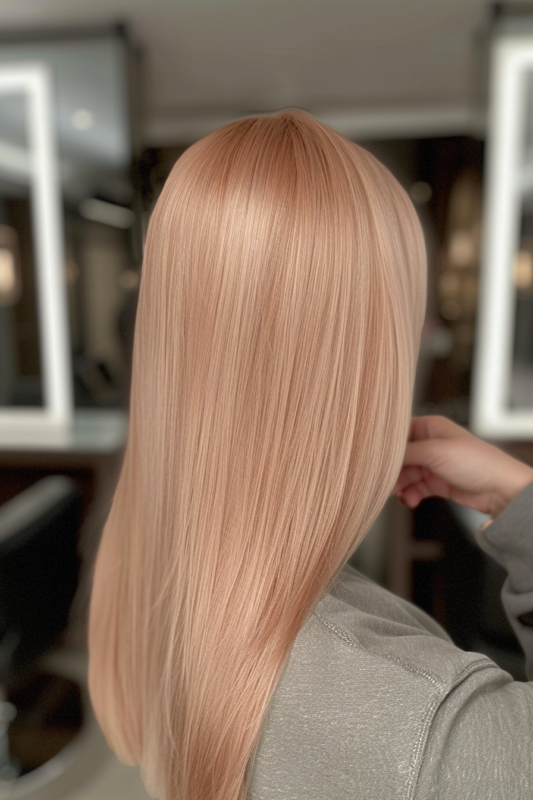 Woman with rose gold blonde hair.