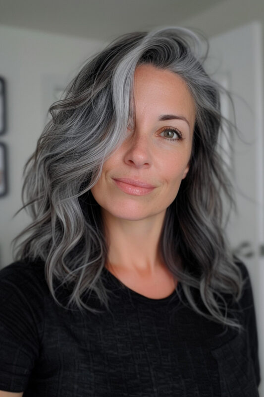 Woman with darker salt and pepper hair, styled in soft waves.