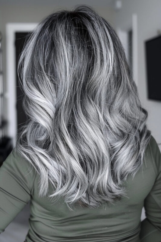 Back view of salt and pepper hair, featuring a delicate blend of gray and dark tones in soft waves.