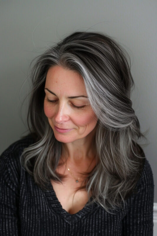 Woman with long salt and pepper hair, featuring light silver tones and darker undertones with voluminous waves.