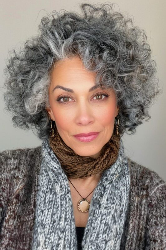 Woman with short, curly salt and pepper hair, featuring a mix of dark and gray curls.