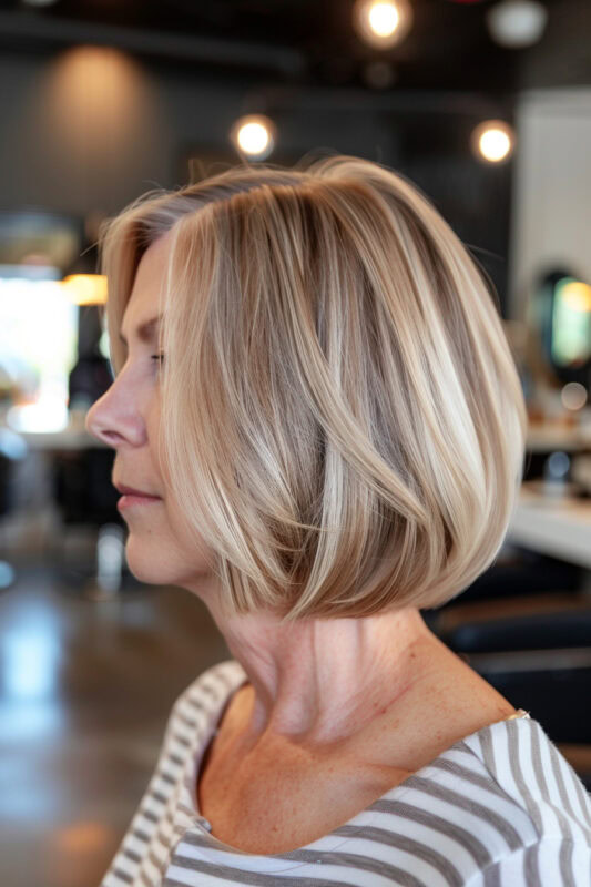 Picture of an older woman with a blunt bob haircut with highlights.