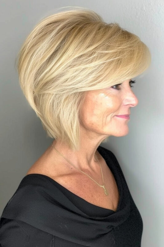 Picture of an older woman with a layered short blonde bob haircut with side bangs.
