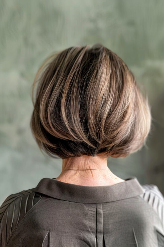 Picture of an older woman with a voluminous nape-length bob haircut.