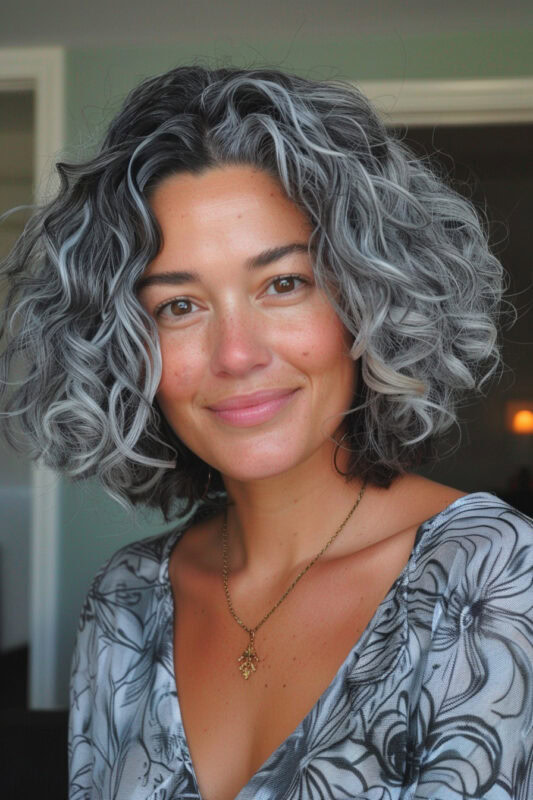 Woman with a curly salt and pepper hairstyle, featuring a blend of silver and dark tones in a chin-length cut.