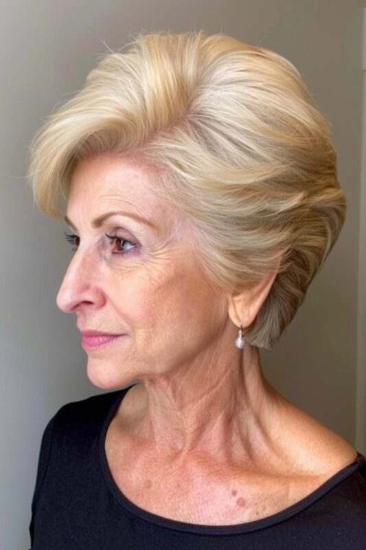 Picture of an older woman with a voluminous short layered haircut with side part.