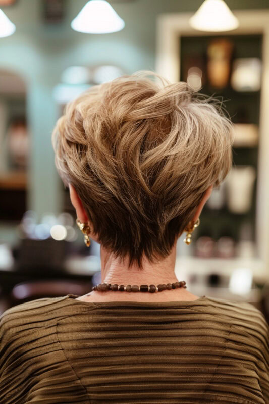 Picture of an older woman with a stacked pixie haircut with lots of volume.