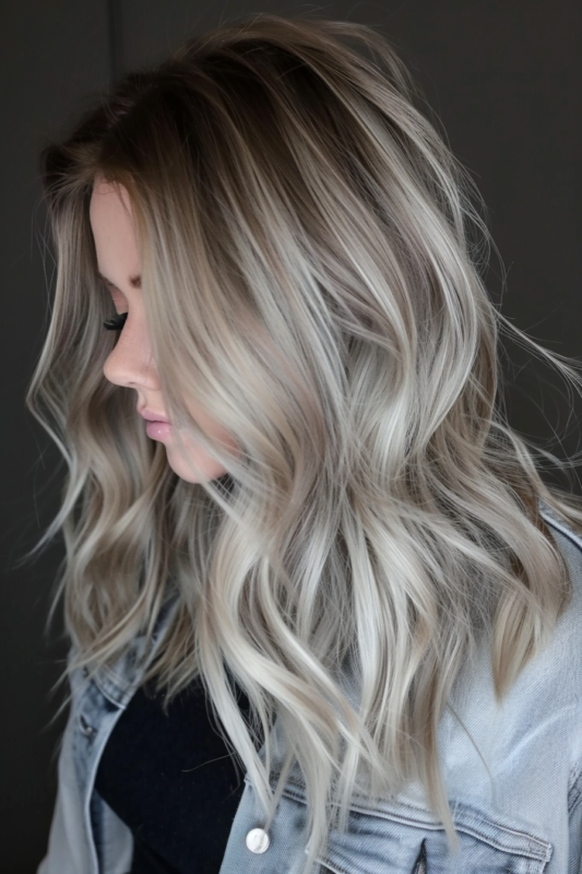 Woman with smoked marshmallow hair, blending smoky undertones with creamy highlights.