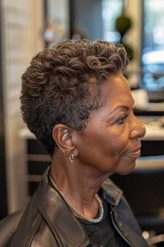 Picture of an older woman with a curly tapered haircut.