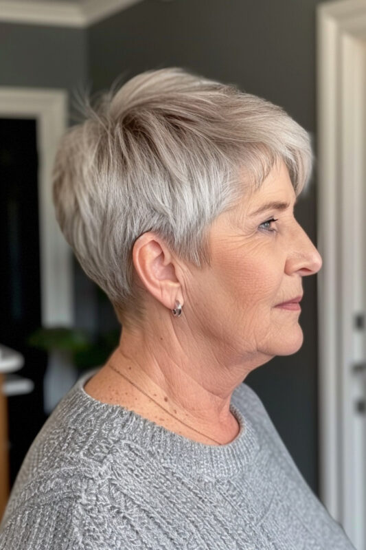 Picture of an older woman with a short tapered pixie haircut.