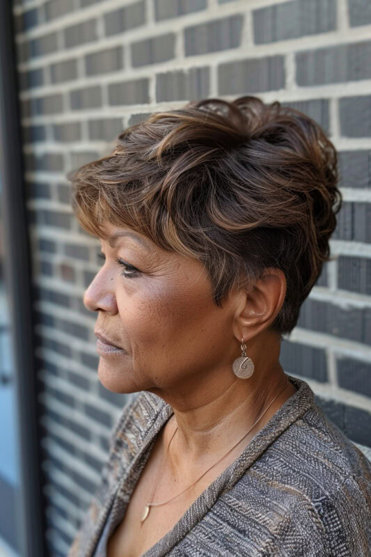 Picture of an older woman with a textured pixie haircut with light brown highlights.