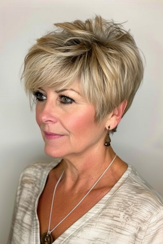 Picture of an older woman with a textured pixie haircut.