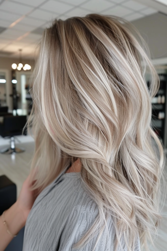 Woman with toasted coconut hair color, mixing a dark base with creamy blonde hues.