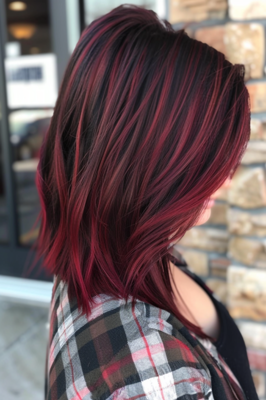Black hair with two-tone burgundy highlights.