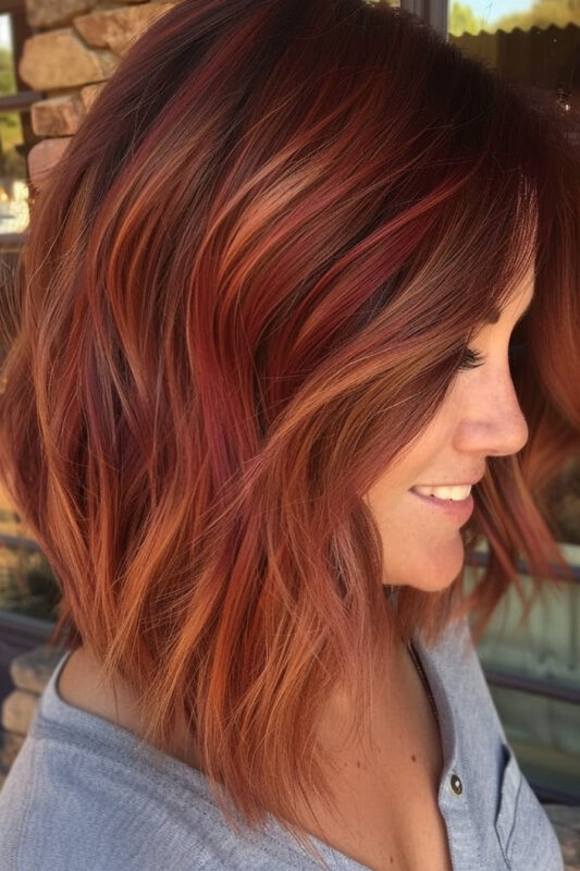 A woman with an angled bob haircut with layers on red hair with highlights.