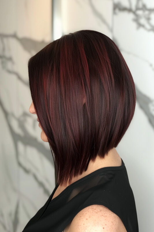 A woman with an angled bob on deep red hair.