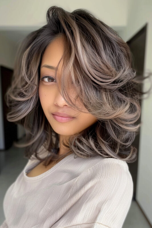 Woman with an ash brown butterfly cut short hair.