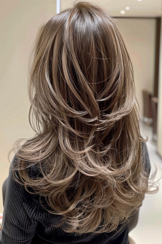 Woman with an ash brown butterfly layered haircut.