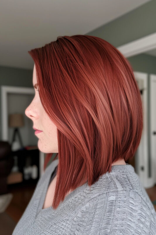 A woman with an asymmetrical bob on reddish brown hair.