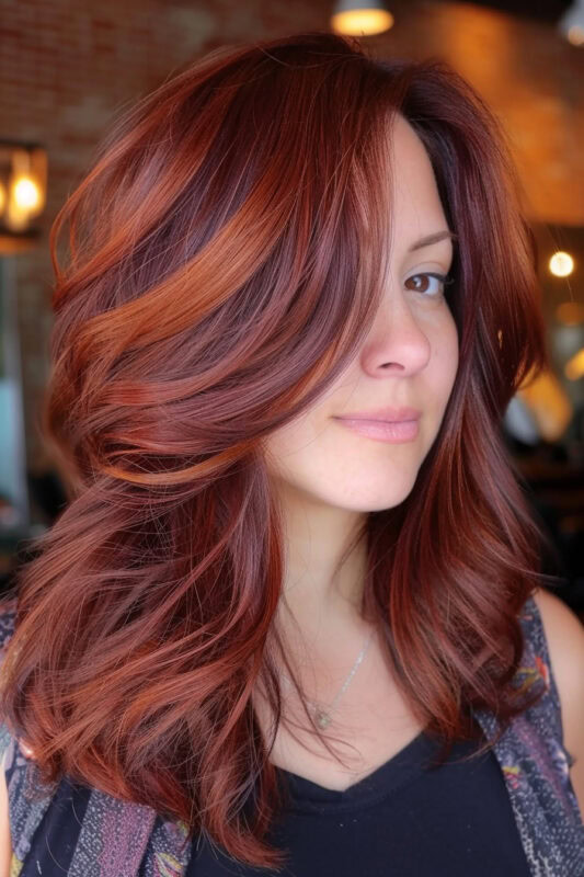 Woman with a black cherry hair color