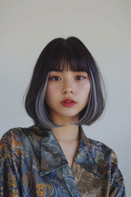 Woman with a sleek black and silver bob with straight-across bangs.