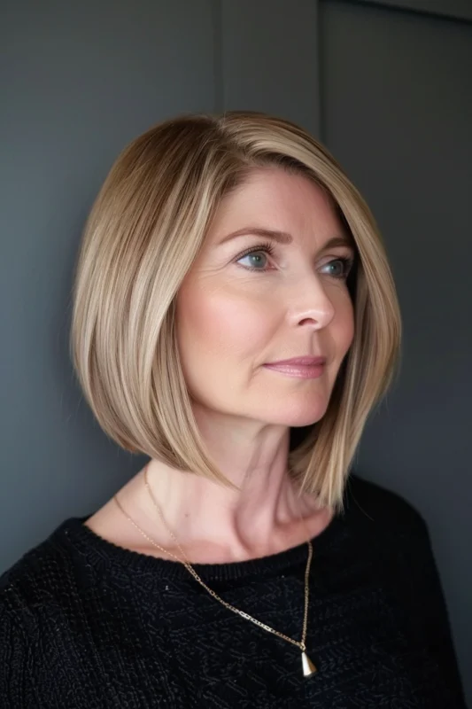 A woman with a blonde blunt bob.