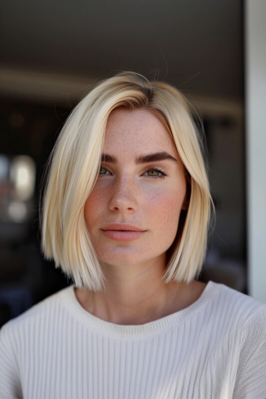 A woman with a blonde blunt cut bob.