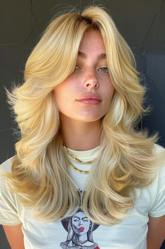 Woman with a blonde butterfly cut.