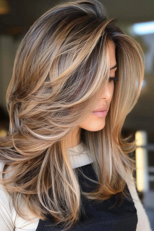 Woman with a blonde butterfly layers haircut.