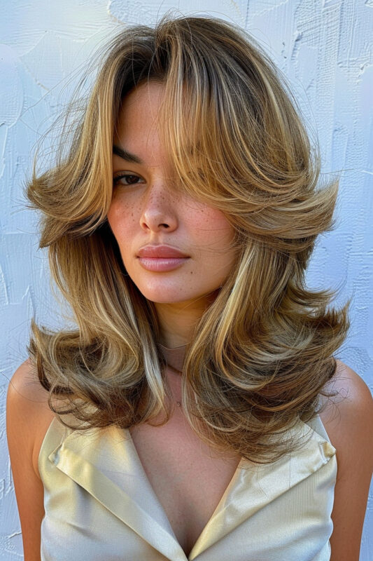 Woman with a blonde short butterfly haircut with bangs.