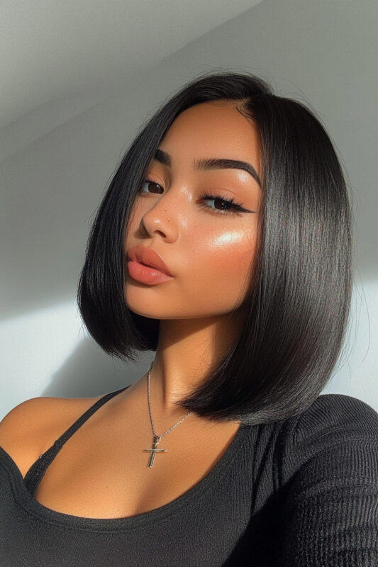 Woman with glossy straight bob haircut for black hair, featuring sleek, smooth strands and a chic, face-framing style.