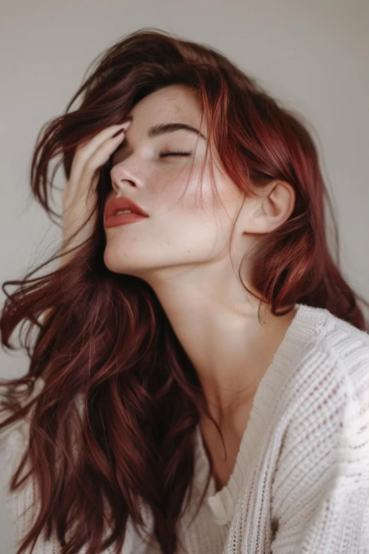 Woman with a brick red hair color.