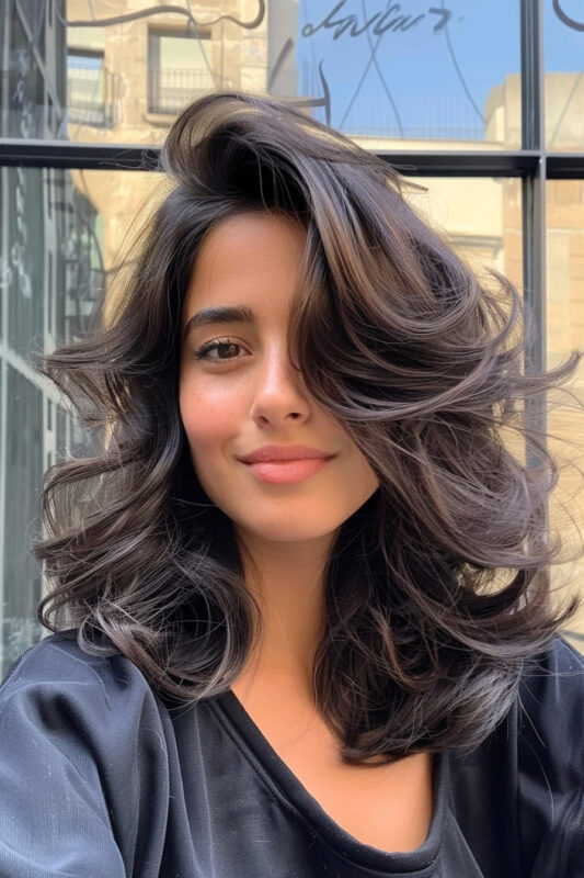 Woman with a brown butterfly cut on shoulder length hair.