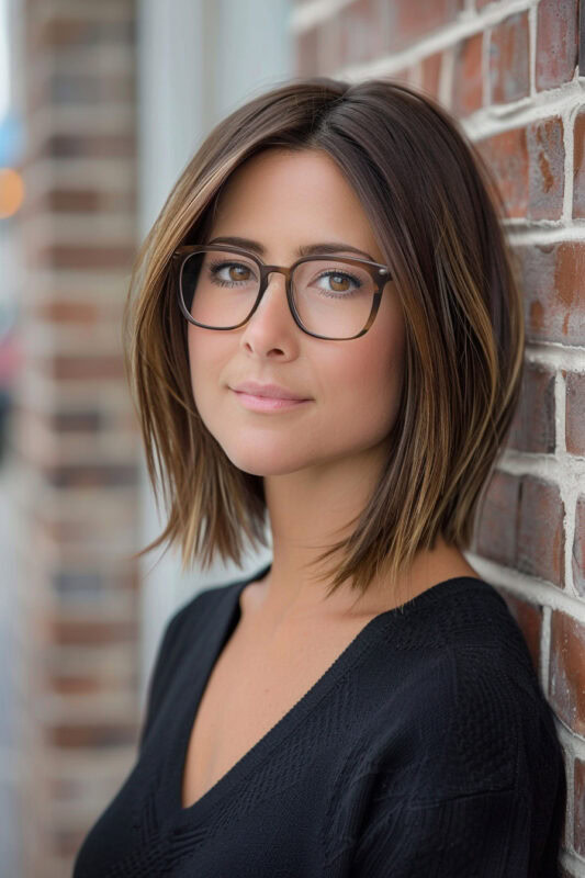 A woman with a brown long bob with blonde balayage highlights.