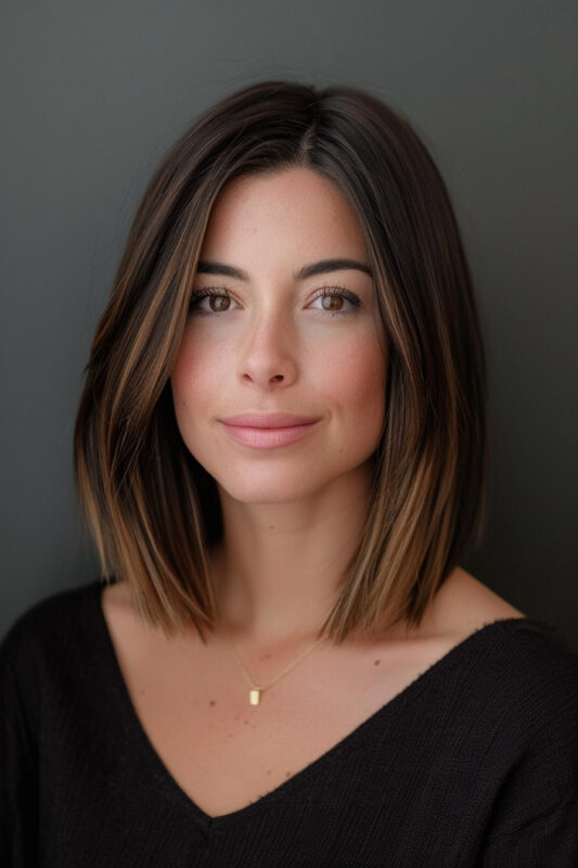 A woman with a brunette bob haircut with blonde highlights.