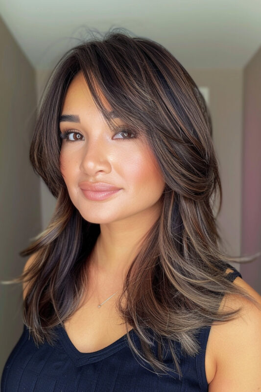 Woman with a brunette butterfly haircut with bangs.