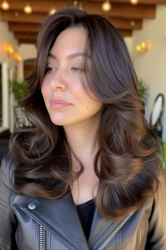 Woman with brunette butterfly layered haircuts.