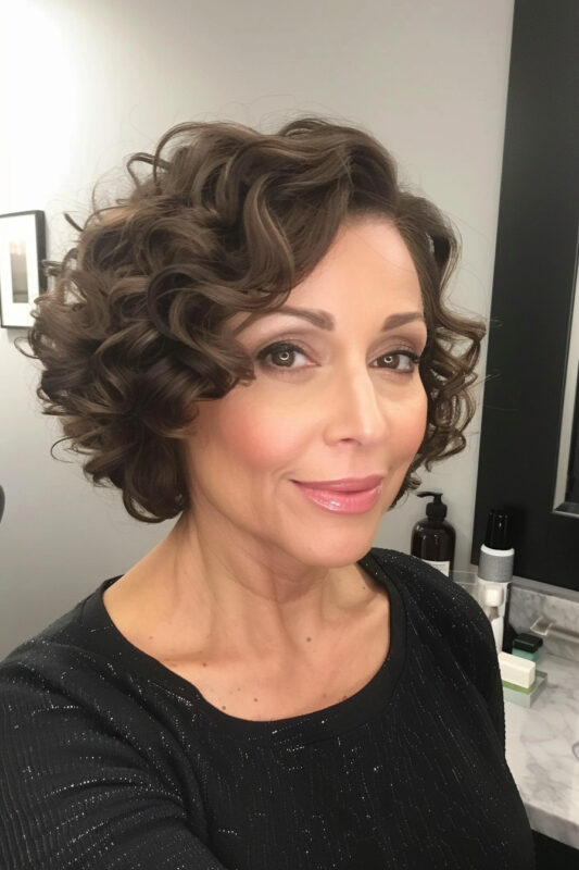 A woman with a brunette short curly layered bob.