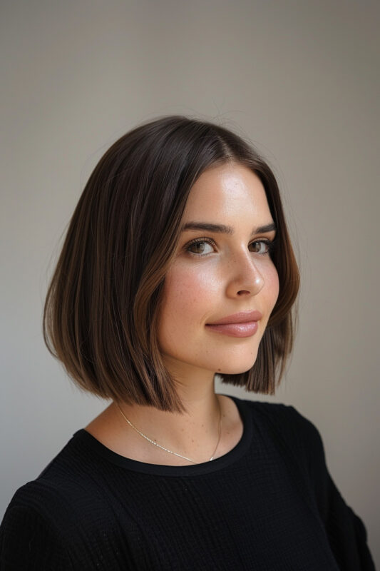 A woman with a brunette straight bob.