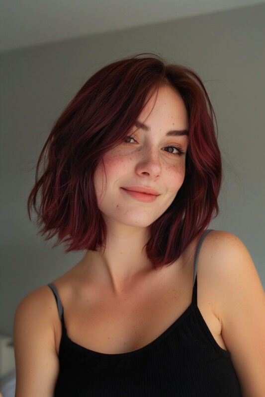 A woman with a burgundy bob haircut.